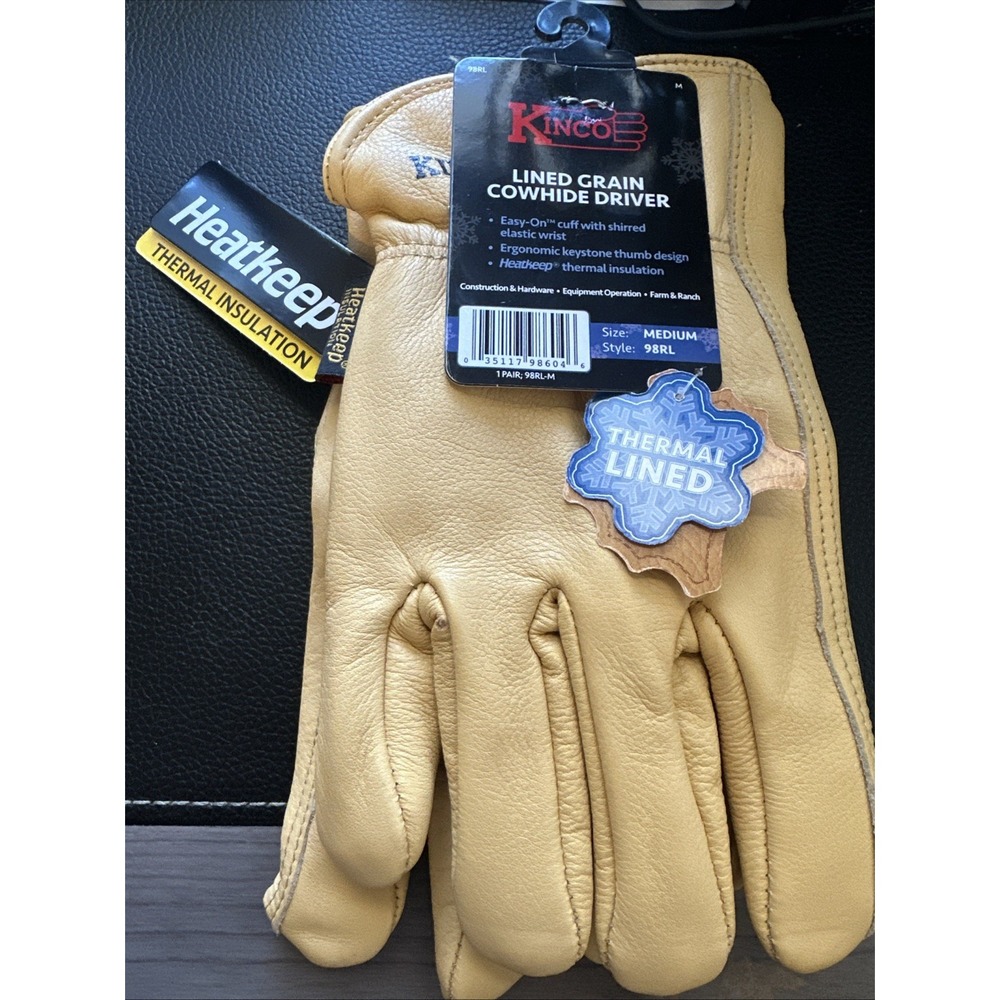 Kinco 98RL-M Men's Lined Cowhide Gloves Heat Keep Lining, Keystone Thumb, Medium